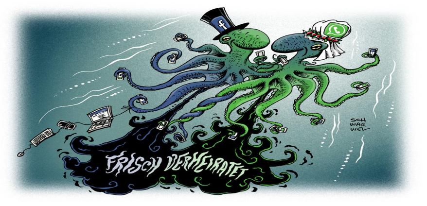 Cartoon: Zwei Tintenfische als Facebook und WhatsApp, vereint, viele Tentakel mit Smartphones, Schriftzug "Frisch verheiratet"
